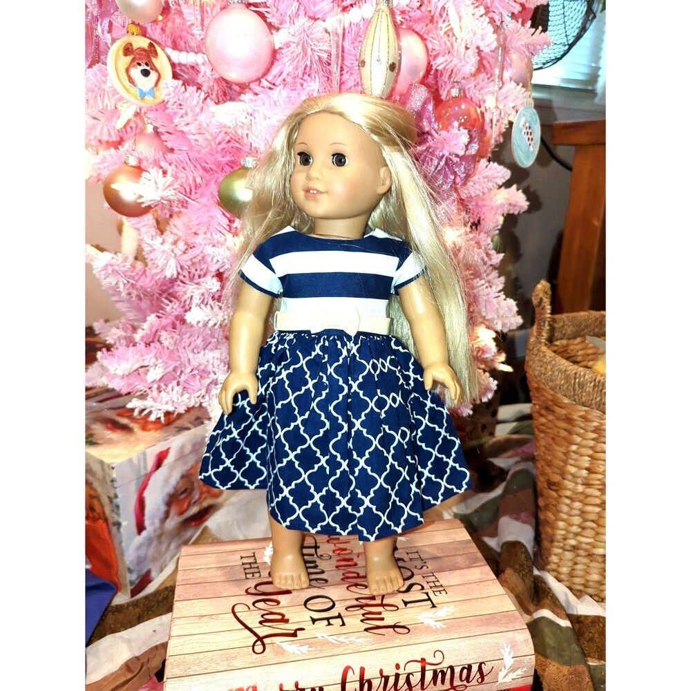 18" Doll size Blue, white and yellow handmade dress for American Girl size dolls